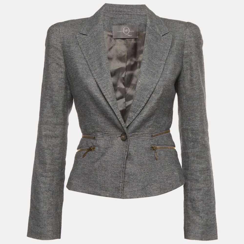 Alexander Mcqueen Grey Linen Blend Crop Blazer S